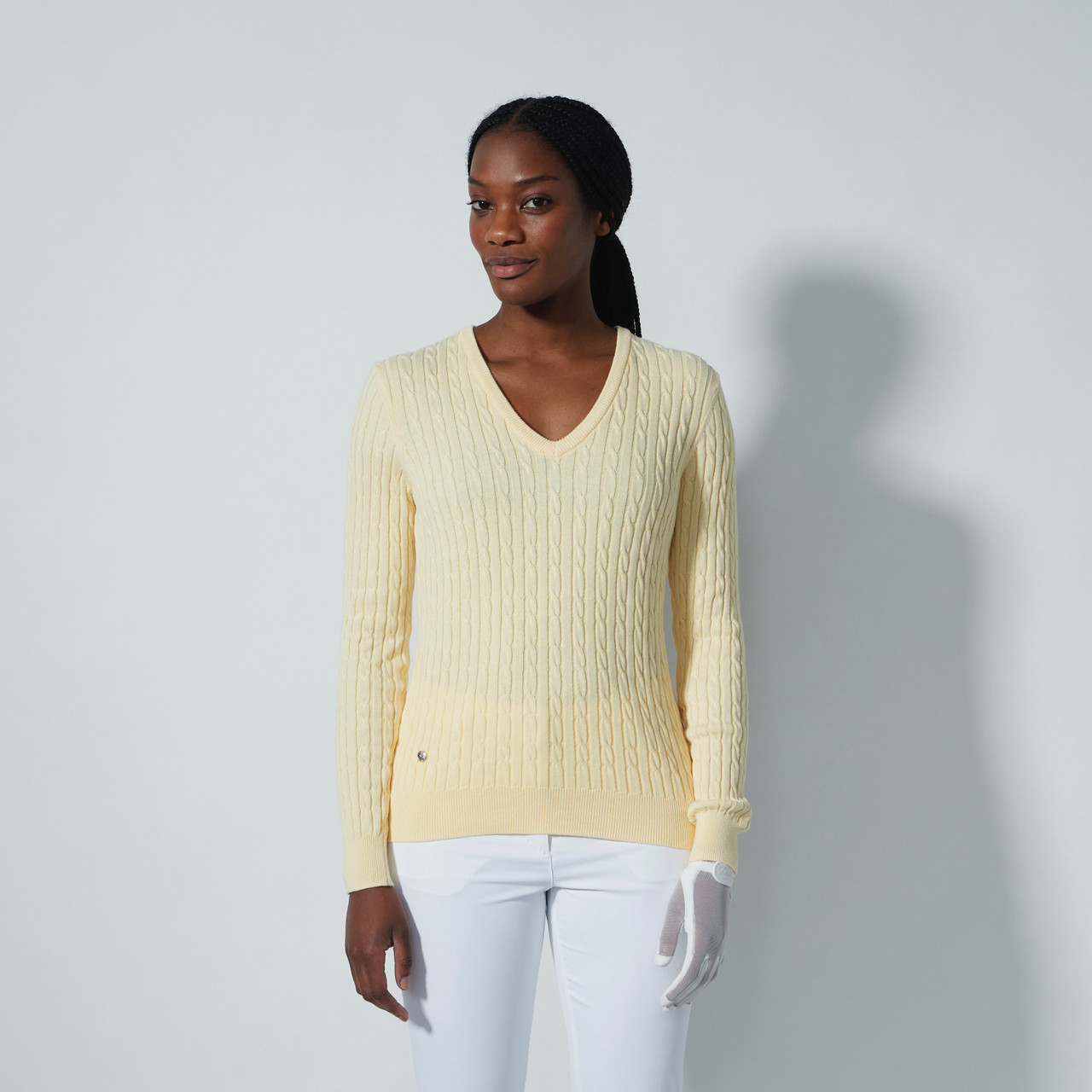 DS Light Yellow Cable Knit V-Neck Sweater Daily Sports USA