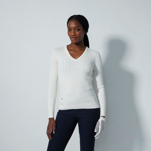 DS Madelene White Cable Knit V-Neck Sweater F25
