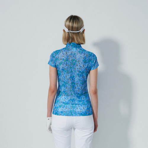 DS Breeze Water Bloom Blue Print 3/4 Sleeve Mesh Polo Shirt