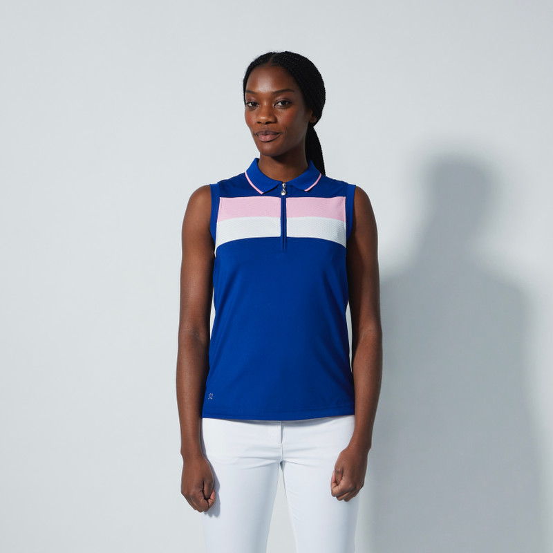 DS Cecilio Power Blue Pink Color Block Sleeveless Polo Shirt