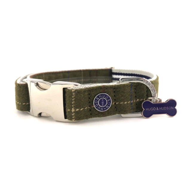 Hugo & Hudson Dark Green Checked Tweed Dog Collar 
