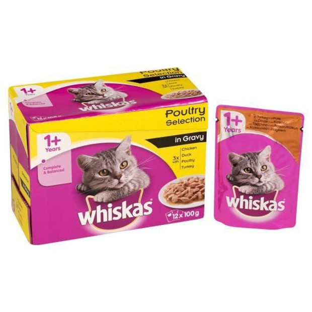 Whiskas 1+ Cat Wet Food Pouch Poultry Selection in Gravy (12Pk)