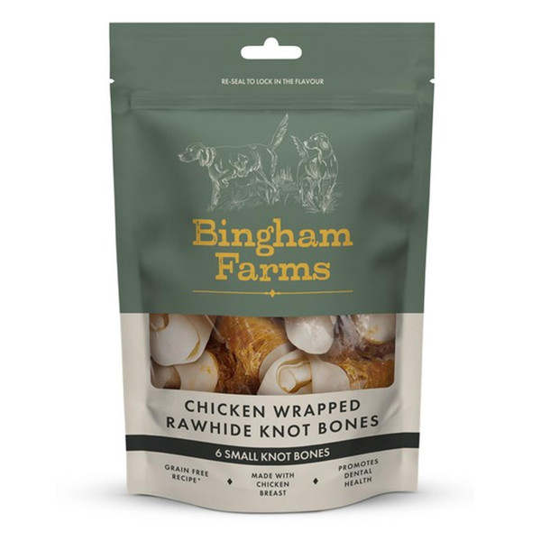 Binghams Farm Chicken Wrapped Rawhide Knot Bones. 