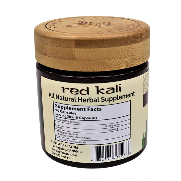 Pure Leaf Kratom Capsules Red Kali 90 Ct Side.