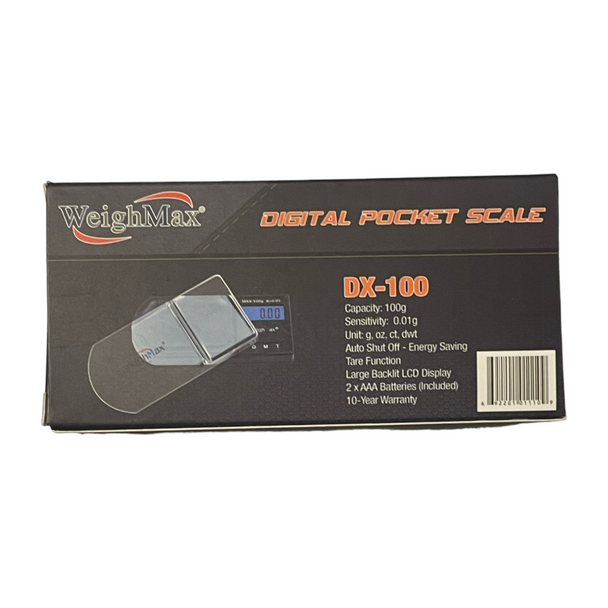 WeighMax Digital Pocket Scale DX-100 Back of the Box