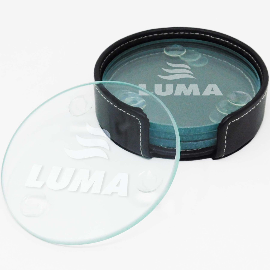 4 Pc. Glass Round Coaster Set with Bonded Leather Holder