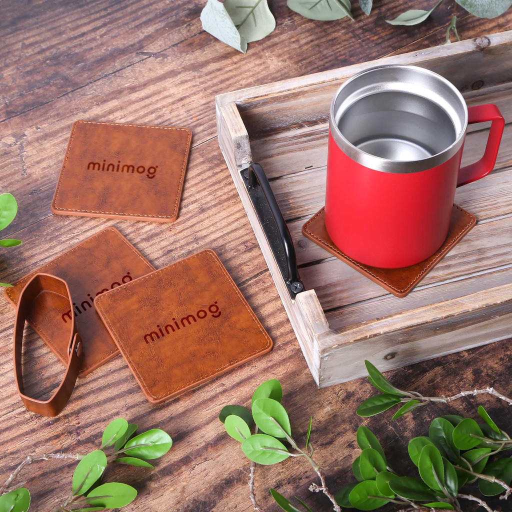 Watson Square Pu Leather Coaster: 4 Piece Set In Holder:4 piece Set in Holder 