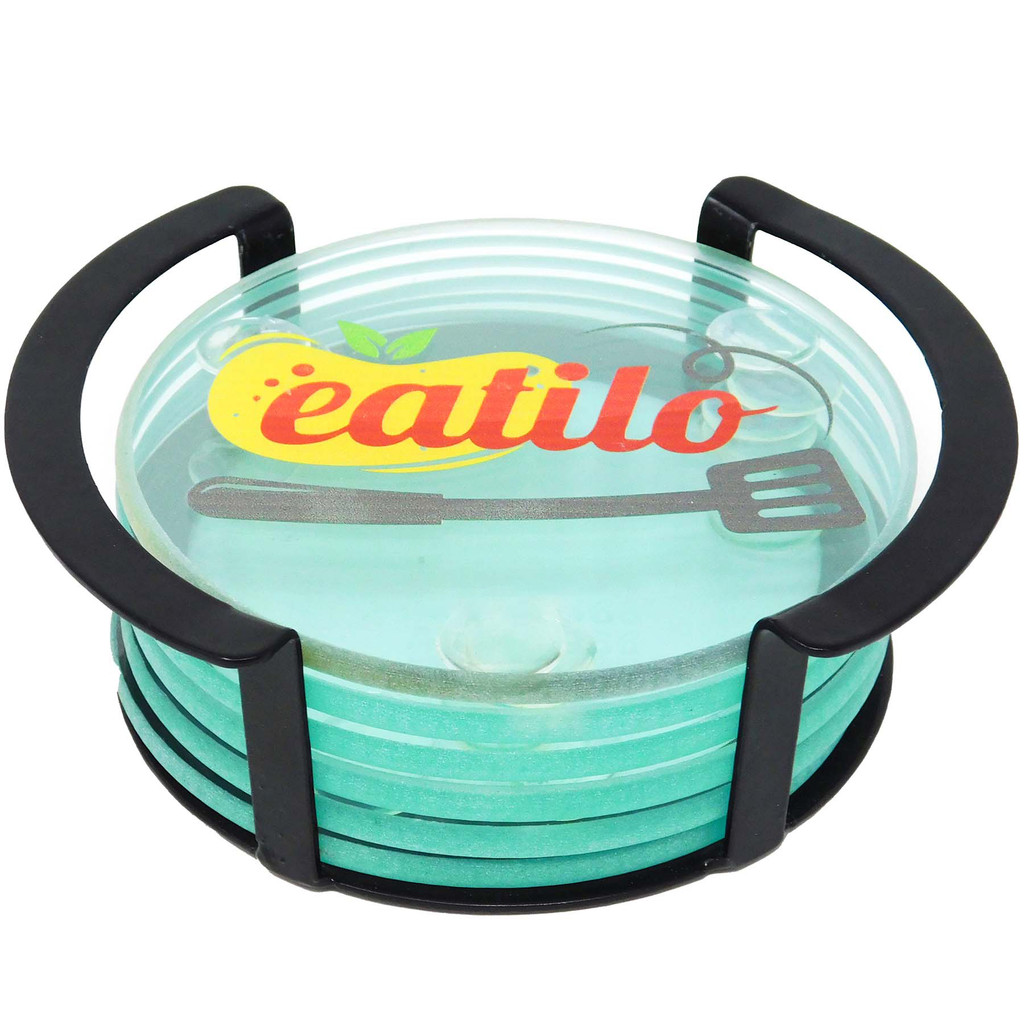 Round Glass Coasters: 6 Piece Set In Metal Stand:6 Piece Set in Metal Stand