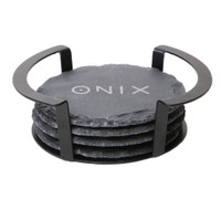 4 Pc. Round Slate Coaster Set with Black Metal Stand