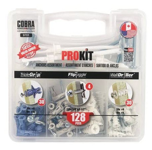 Cobra PROKIT 9701 Anchor Assortment - Triple Grip, Flip Toggle, and Walldriller (128 Pieces) kit