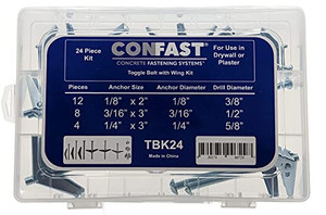 CONFAST 24 Piece Toggle Bolt and Wing Nut Assortment Kit for Hollow Wall and Drywall, 3 Size Butterfly Anchors 1/8", 3/16" and 1/4" - kit