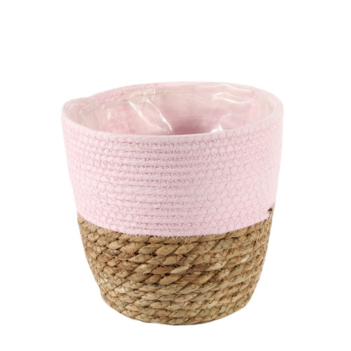 Round Two Tone Seagrass and Pink Paper Basket (18cm H x 19cm W) 