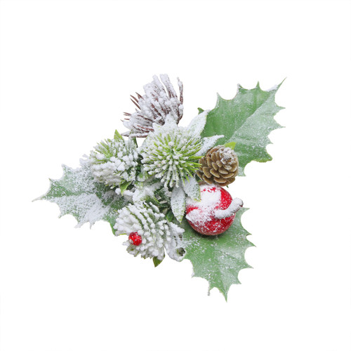 Holly, Cone and Red Apple Snowy Pick Holly, Cone and Red Apple Snowy Pick