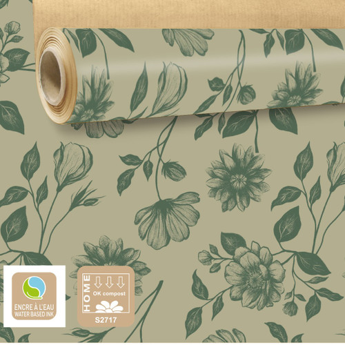 Sydney Natural Kraft Paper with Green Print (0.79 x 40m)