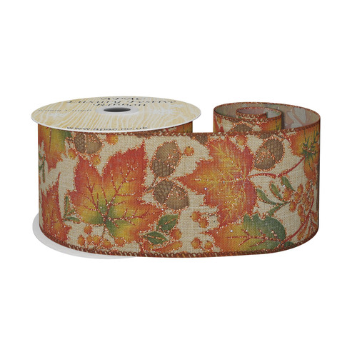Natural Ribbon with Autumn Leaf and Acorns 63mm x 10y wire edge Natural Ribbon with Autumn Leaf and Acorns 63mm x 10y wire edge