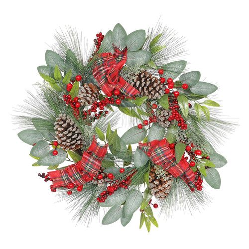 Luxury Rattan Wreath Frosted Cones Tartan Bows & Red Berries - 60cm Luxury Rattan Wreath Frosted Cones Tartan Bows & Red Berries - 60cm