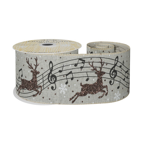Natural Ribbon with Reindeer and Musical Notes 63mm x 10yd