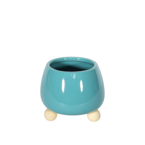 Blue Glazed Pot with Wooden Feet for 6cm Succulent