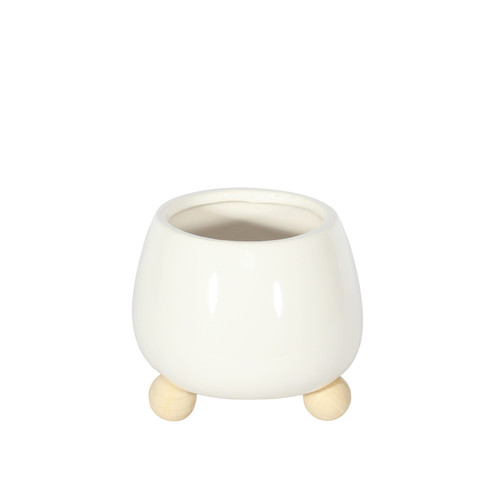White Glazed Pot with Wooden Feet for 6cm Succulent