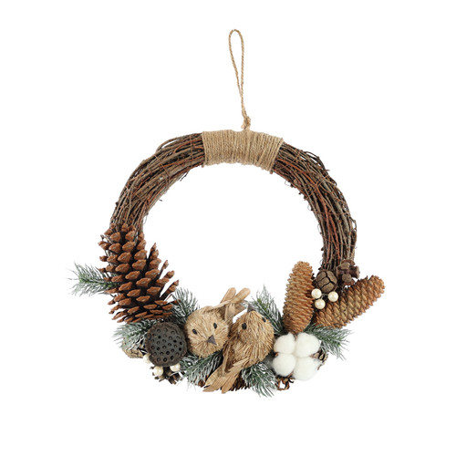 Half Natural Wreath with Cones and Birds 36cm