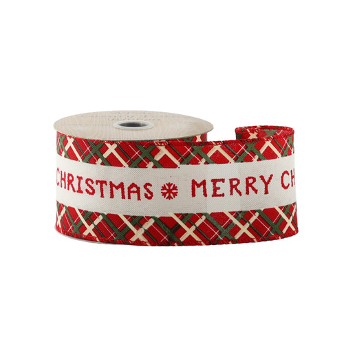 Red,Green & Natural Merry Christmas Ribbon with wired edge - 63mm x 10yds