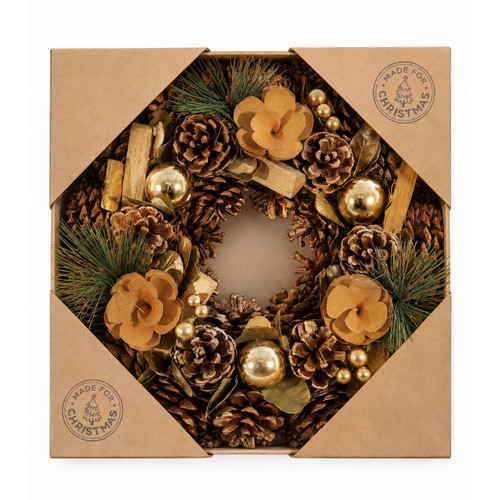 30cm Xmas Wreath with Gold Tipped Cones, Baubles & Flower