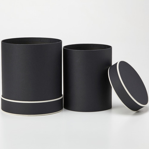 Tall Black Cylindrical Hatbox with Cream Piping (set of 2)