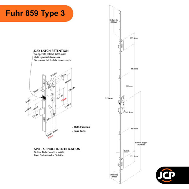 Fuhr 859 Type 3 Multipoint Door Lock 2 Hook 2 Roller Type 3 92PZ Fuhr 859 Type 3 Multipoint Door Lock 2 Hook 2 Roller Type 3 92PZ