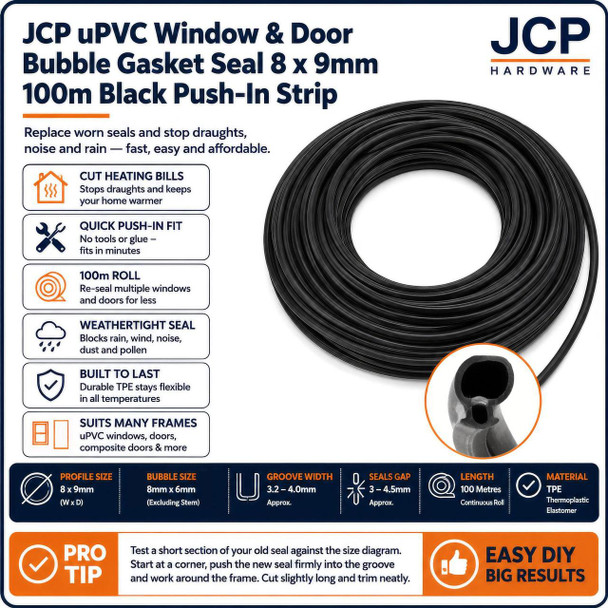  JCP uPVC Window & Door Replacement Bubble Gasket Seal 8 x 9mm 100m Roll 
