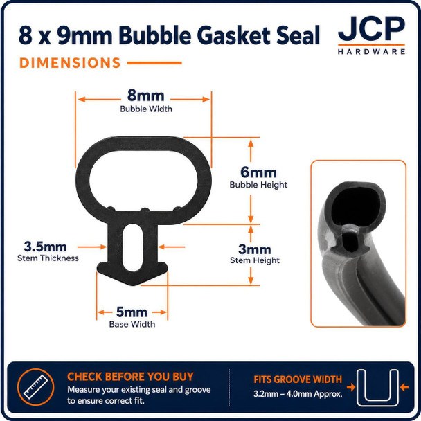  JCP uPVC Window & Door Replacement Bubble Gasket Seal 8 x 9mm 100m Roll 
