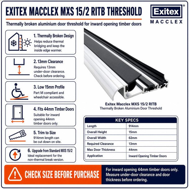 Exitex Macclex MXS 15/2 Aluminium Door Low Threshold Cill 914mm Thermally Broken