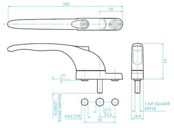 Securistyle Inline Espag UPVC Window Handle 50mm Spindle