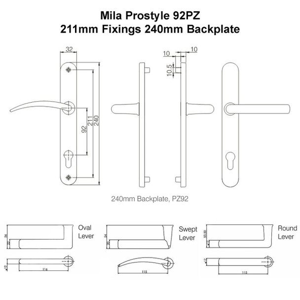 Mila Prostyle UPVC Door Handle Pair 92mm PZ 211mm Fixings 240mm Backplate