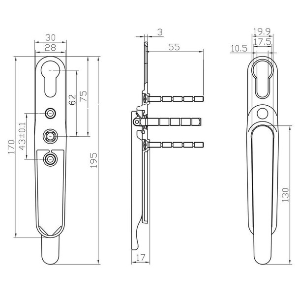Clearline Bi Fold Flat Slim Door Handle 62mm PZ 43mm Fixings