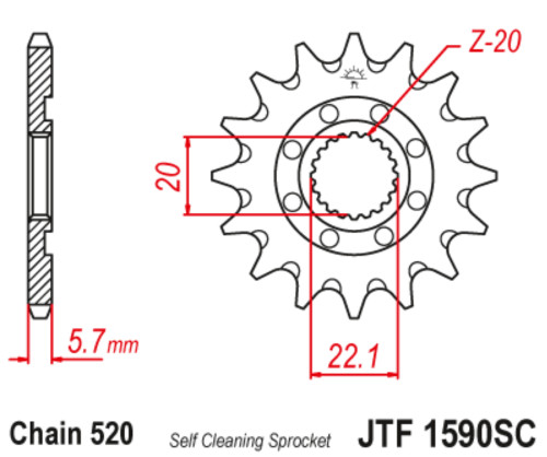 JT Front Sprocket | 14 Tooth | 520 | Self Cleaning | Lightweight (JTF1590.14SC)
