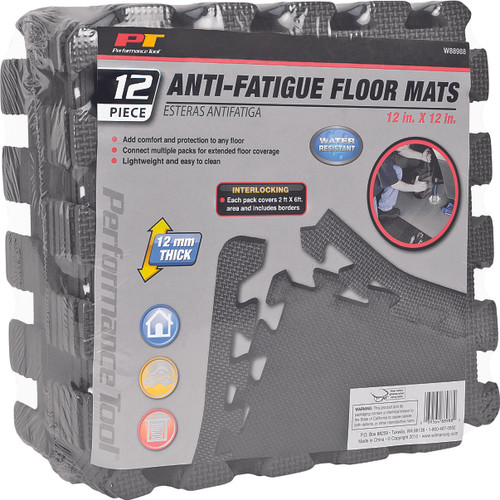 Performance Tool 12" x 12" x 12pc Interlocking Anti-Fatigue Floor Mats (W88988)