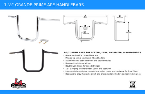 LA Choppers 1.5" Grande Prime Ape Black Handlebar w/12" End Rise (LA-7354-12B)