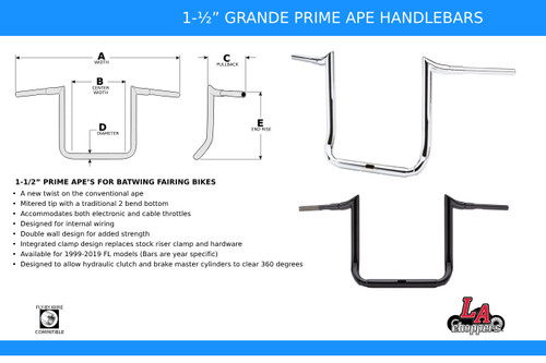 LA Choppers 1.5" Grande Prime Ape Chrome Handlebar w/12" End Rise (LA-7357-12)