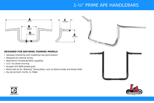 LA Choppers 1.25" Prime Ape Gloss Black Handlebar w/13" End Rise (LA-7352-13B)