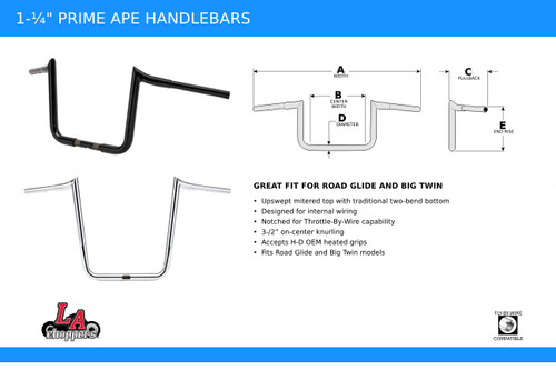 LA Choppers 1.25" Prime Ape Chrome Handlebar w/11" End Rise (LA-7351-13)