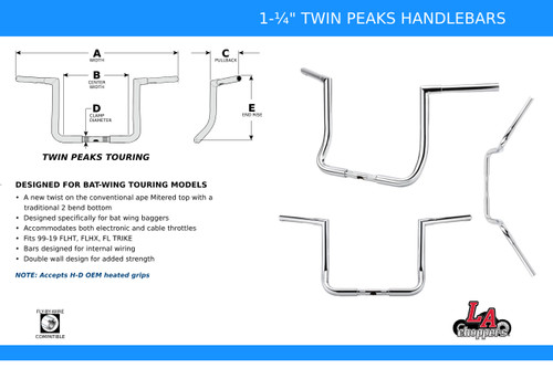 LA Choppers 1.25" Twin Peaks Stainless Handlebar w/14" End Rise (LA-7361-14SS)