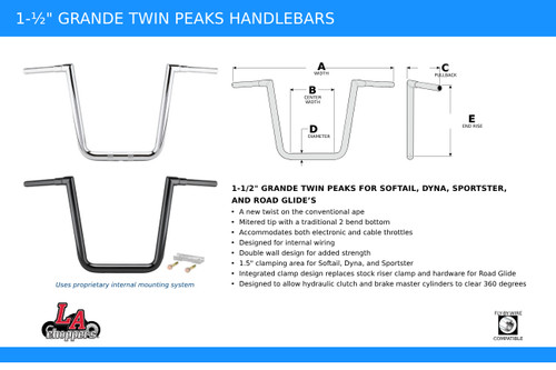 LA Choppers 1.5" Grande Twin Peaks Chrome Handlebar w/8" End Rise (LA-7363-08)