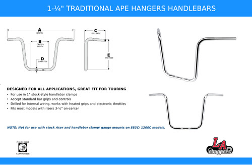 LA Choppers 1.25" Traditional Black Ape Hangers w/14" End Rise (LA-7310-14B)