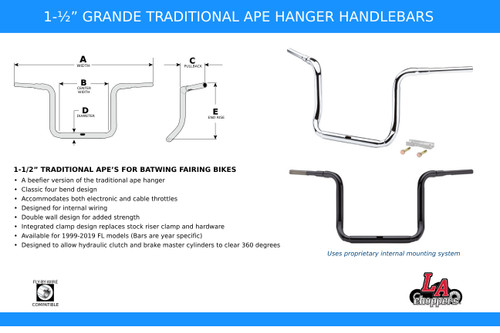 LA Choppers 1.5" Grande Traditional Ape Hanger Chrome Handlebar (LA-7322-18)