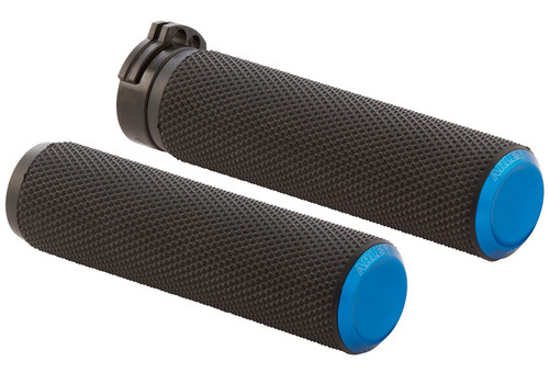 Arlen Ness Knurled Black Handlebar Grips w/Blue Caps (07-335)
