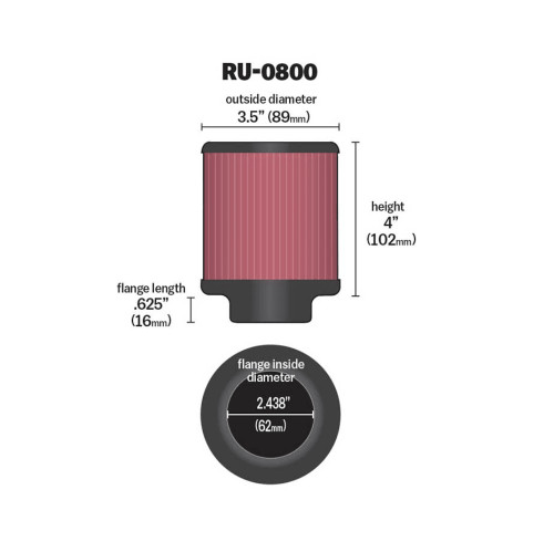K&N Universal Round Clamp-On Air Filter 2 7/16"" I.D. (62mm) Flange (RU-0800)