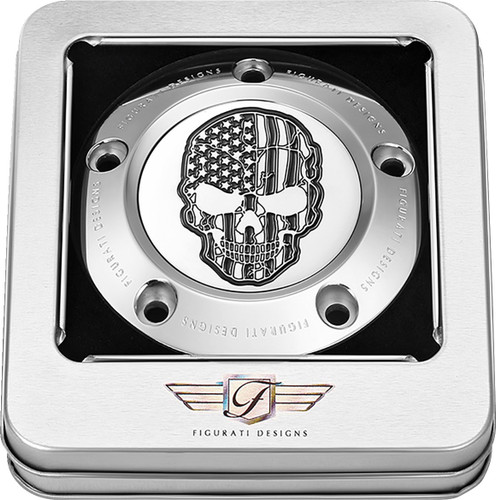 Figurati Timing Cover | Skull USA Flag | 5-Hole | Stainless (FD27-TC-5H-SS)