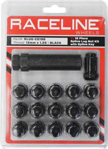 Raceline Lug Nuts | Spline Socket | 12mm x 1.25 | Black | 16 Pack (RLUG-CS19B)