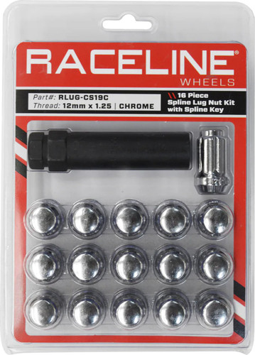 Raceline Lug Nuts | Spline Socket | 12mm x 1.25 | Chrome | 16 Pack (RLUG-CS19C)