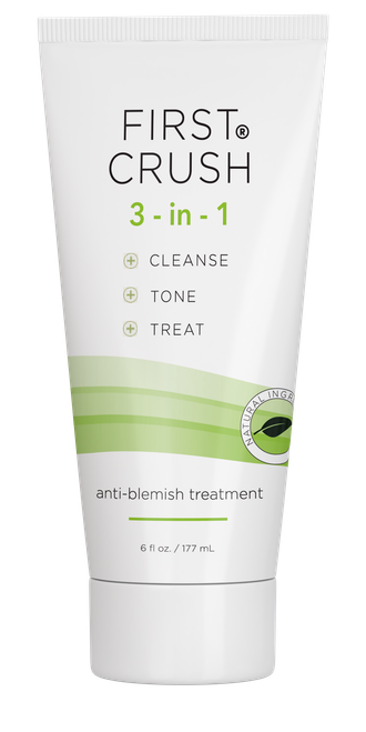 First Crush 3-in-1 Anti-Blemish Treatment from Merlot Skin Care gently removes impurities with a purifying cleanser, combats blemish-causing bacteria with salicylic acid, and freshens and firms skin with a renewing toner.